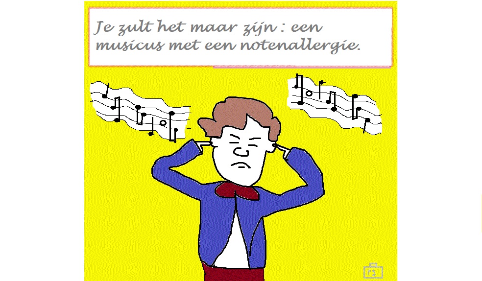 Een man die een beetje op de componist Beethoven lijkt stopt zijn oren dicht tegen de (muziek)noten.