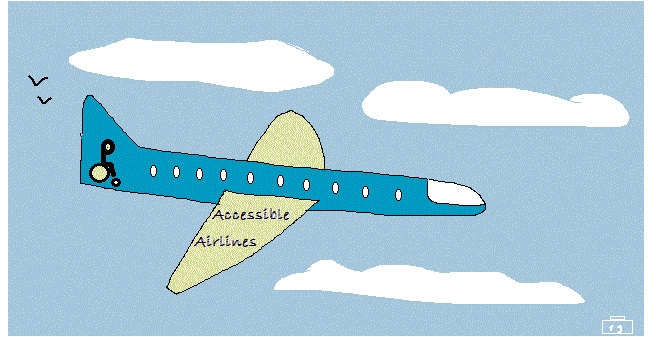 Cartoon van een vliegtuig, met op de vleugels "Accessible Airlines"