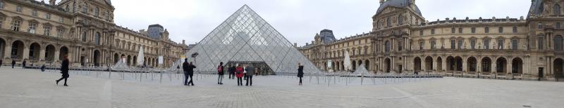 Panorama met de glazen piramide boven de ingang van het Louvre