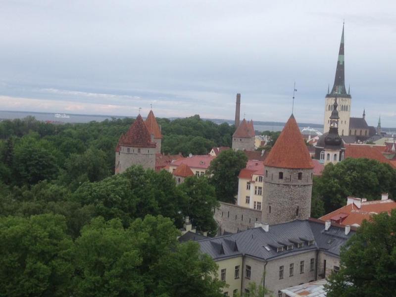 Zicht over Tallinn met verschillende torens. 