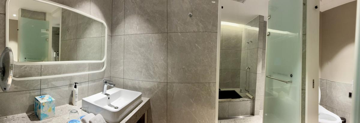 Ruime badkamer van de hotelkamer. Het toilet is apart, met weinig of geen opstelruimte naast of voor het toilet.