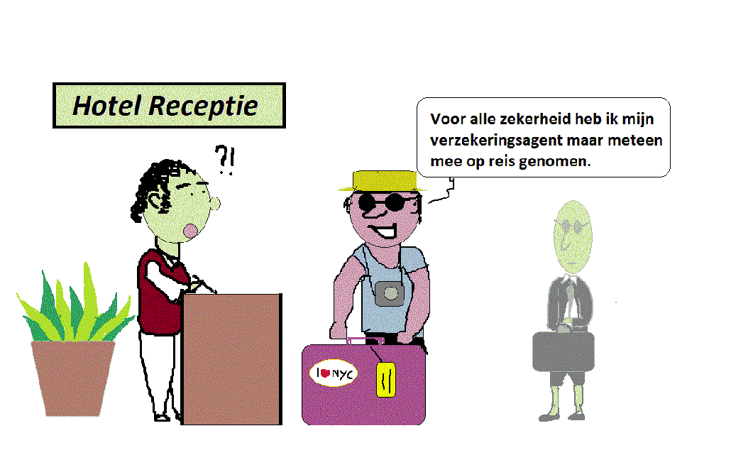 Een vakantieganger meldt zich bij de hotelbalie. Achter hem staat een grijs heertje met aktentas.