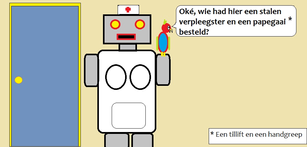 Robot in verplegerkledij, met een papegaai op de schouder.