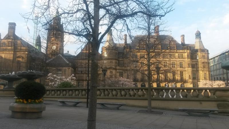 De Town Hall is opgetrokken in gotische stijl. In de Peace Gardens zien we een Japanse kerselaar in bloei.