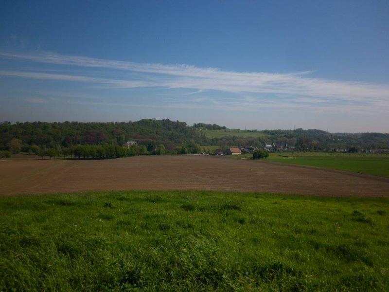 Zicht vanaf de hogere rand van het bos over een groen landschap met hoeve en 2 kastelen.